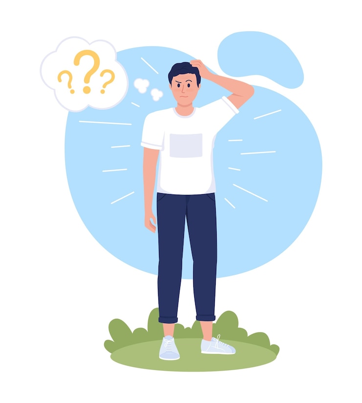 Vector sentirse confundido 2d vector ilustración aislada dudando y cuestionando el personaje plano en el fondo de dibujos animados hombre rascándose la cabeza escena colorida para la presentación del sitio web móvil