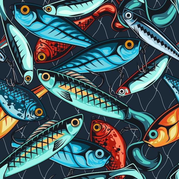Señuelos de pesca vintage de patrones sin fisuras con accesorios artificiales de pescador