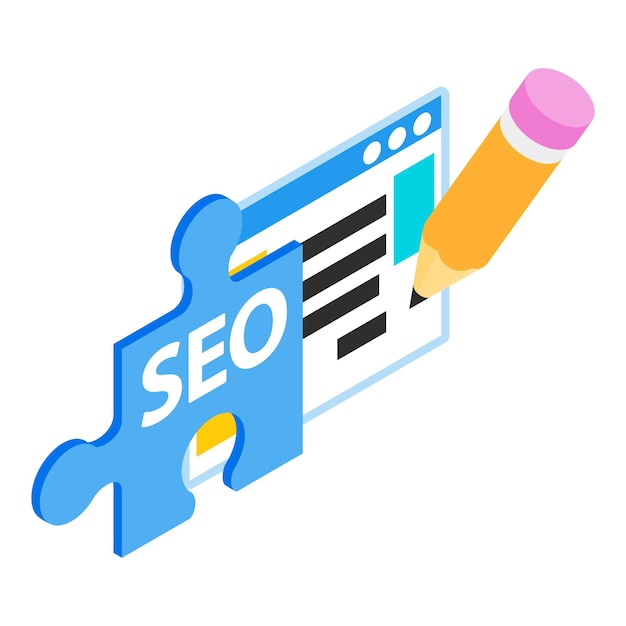 Seo concepto icono vector isométrico pieza de rompecabezas con inscripción seo página web optimización de motores de búsqueda marketing en internet