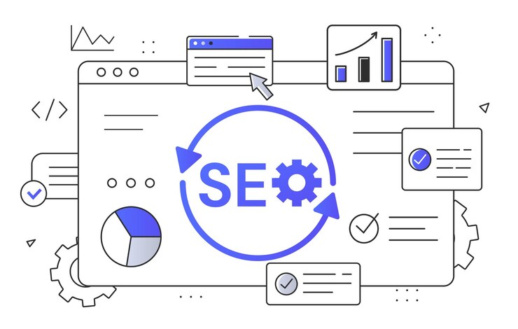 Vector seo concepto web de optimización de motores de búsqueda sitio web con gráficos e infografías análisis del usuario