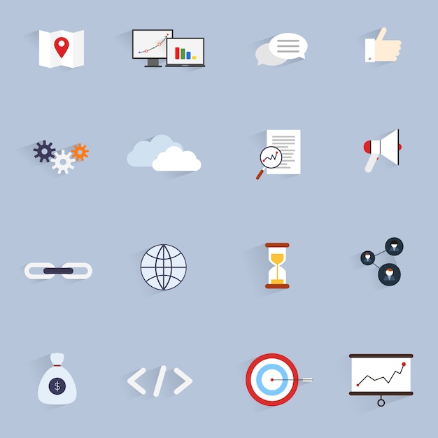 Seo conjunto de iconos de red de análisis de optimización de software de marketing conjunto plano aislado ilustración vectorial