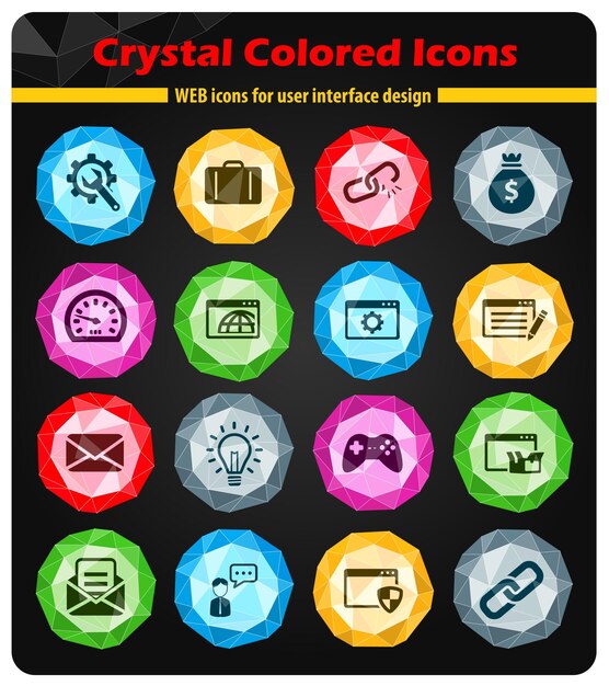 Seo y desarrollo de iconos de cristales de colores brillantes