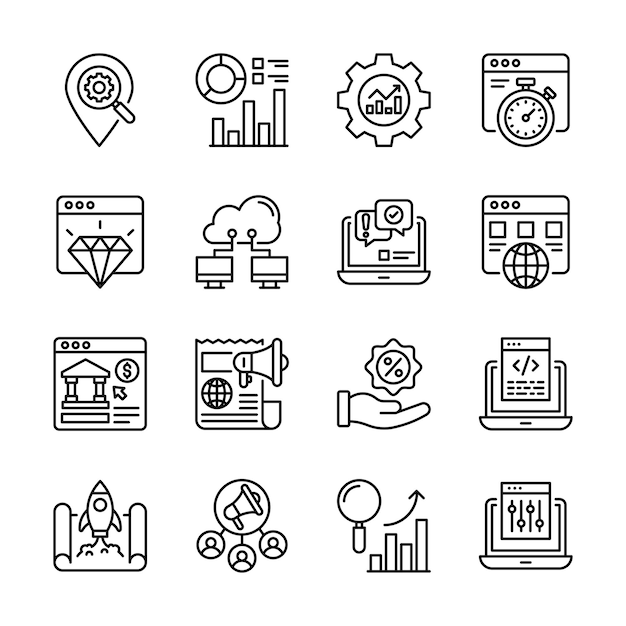 SEO Desarrollo y marketing vector contorno icono estilo ilustración EPS 10 File Set 5