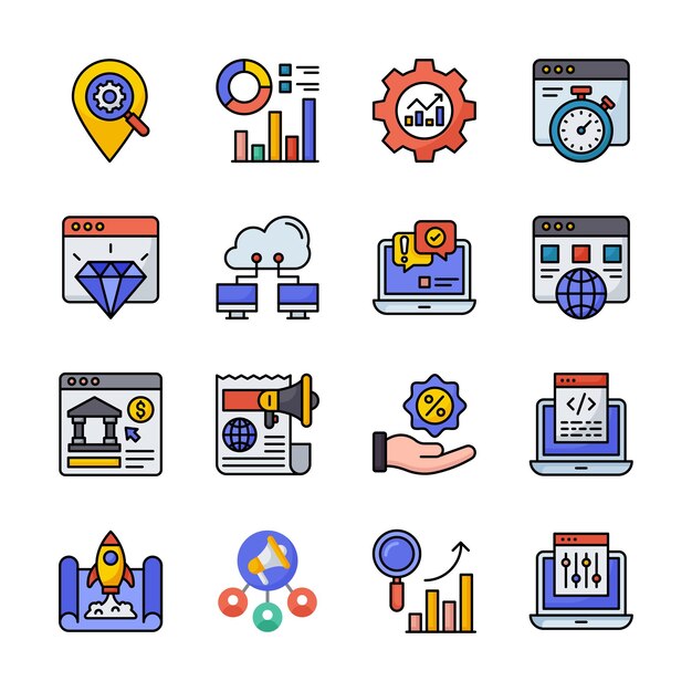 SEO Desarrollo y Marketing vector lleno contorno icono estilo ilustración EPS 10 File Set 3