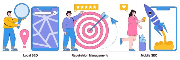 SEO local, gestión de la reputación, concepto de SEO móvil con carácter de personas. Servicios de optimización de motores de búsqueda conjunto de ilustraciones vectoriales abstractas. Análisis de mercado, metáfora de análisis de comentarios de los clientes.