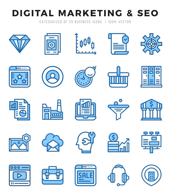 SEO de marketing digital Colección de íconos de dos colores Paquete de ícono de dos colores Ilustración vectorial