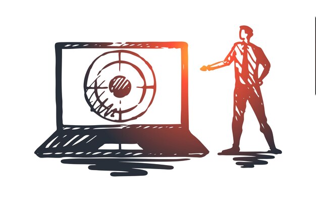 SEO, marketing, optimización, búsqueda, concepto de medios. Dibujado a mano seo manager y laptop con boceto del concepto de destino.