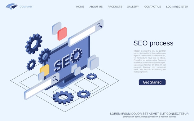 SEO optimización información procesamiento web búsqueda plana 3d isométrica vector concepto ilustración