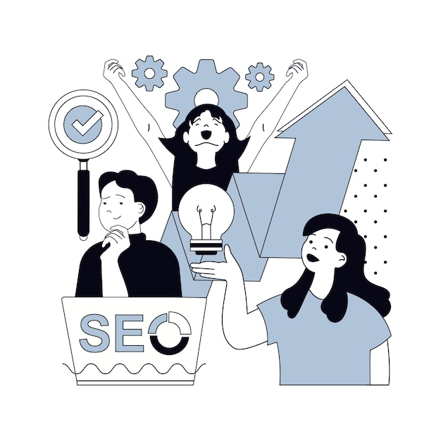 Seo optimization concept for modern web design People research online website traffic data selecting keywords settings and optimizes site metrics improving rating results Vector illustration