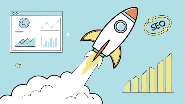 SEO profesional Lanzamiento de cohetes Ilustración de marketing y éxito en las redes sociales
