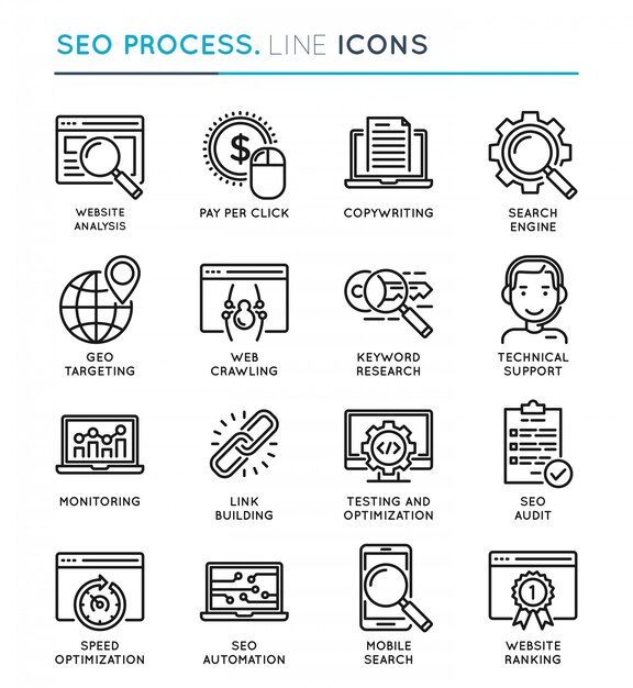 SEO Search Engine Optimization proceso conjunto de iconos de línea delgada.