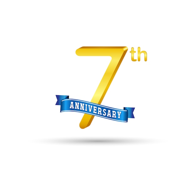 Séptimo logotipo de aniversario de oro con cinta azul aislado sobre fondo blanco. logotipo de oro del séptimo aniversario 3d