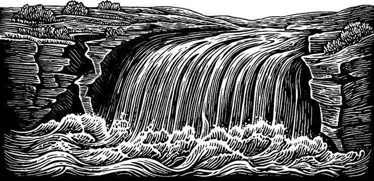 Vector serene mossy ravine cascading waterfall landscape in black and white