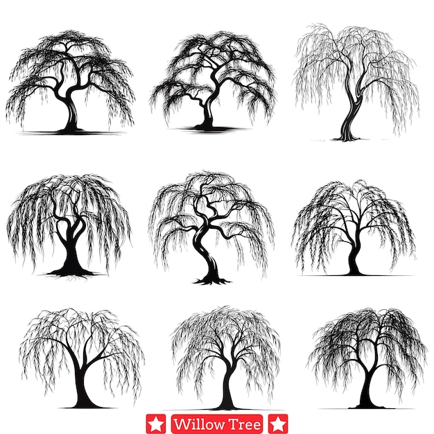 Serene Willow Tree Vector Pack Elementos de la naturaleza caprichosos para proyectos creativos