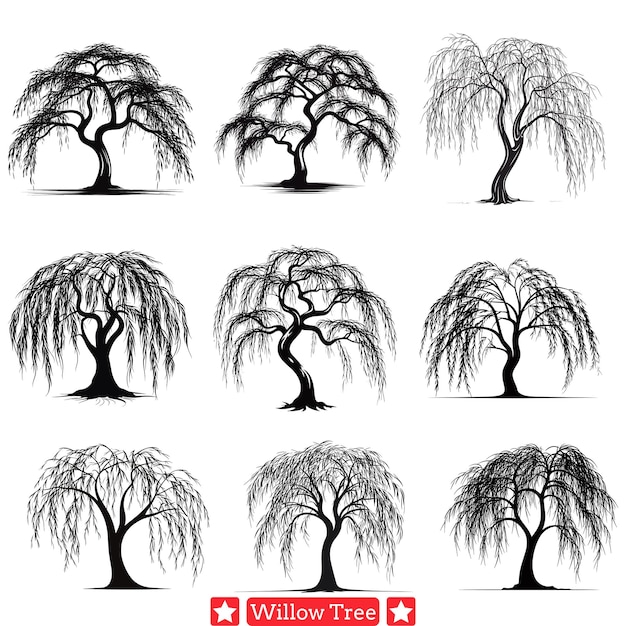 Vector serene willow tree vector pack elementos de la naturaleza caprichosos para proyectos creativos