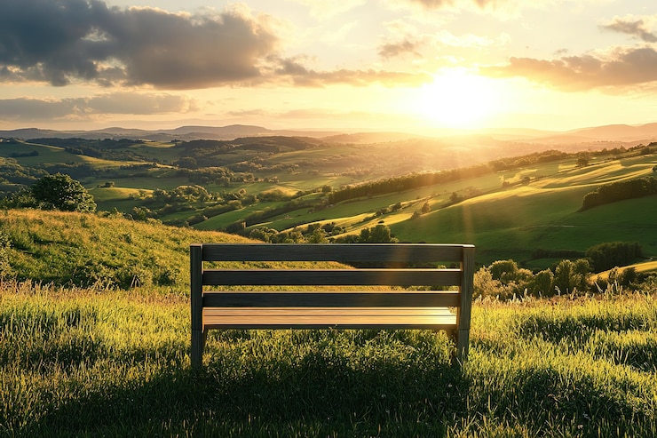 Vector sereno atardecer banco de madera con vistas a las verdes colinas exuberantes vista al cielo descanso tranquilo hierba rural árboles imagen
