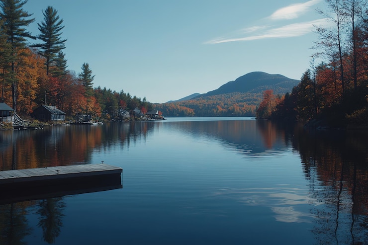 Vector el sereno lago adirondack kei la naturaleza impresionante escapar en nueva york el desierto el cielo azul de los estados unidos la calma