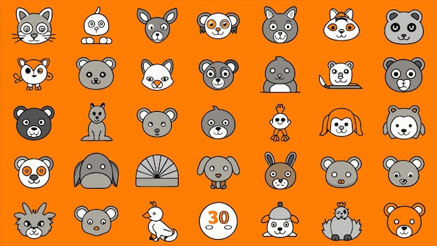 una serie de animales de dibujos animados con el número 30 en ellos