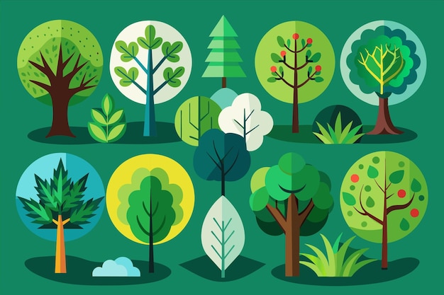una serie de árboles con diferentes colores y un fondo verde