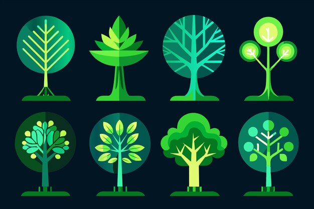 una serie de árboles diferentes con diferentes colores y formas