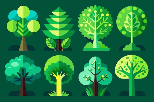 una serie de árboles diferentes con diferentes colores y formas