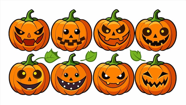 una serie de calabazas naranjas con caras y caras dibujadas en ellas