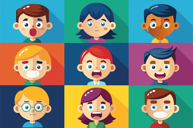 una serie de caras con diferentes expresiones, incluida una que dice "niños felices"