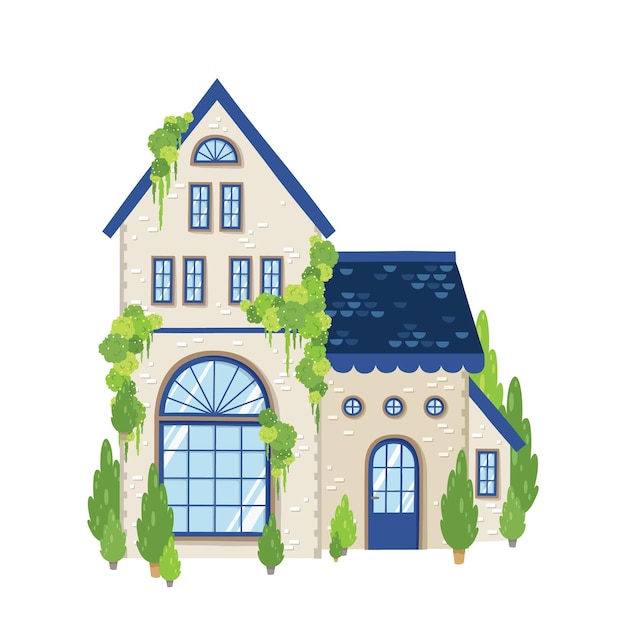 Serie de casas, tiendas, cafés y otros edificios que representan el paisaje de una pequeña ciudad en dibujo vectorial