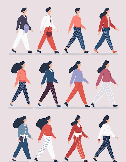 serie Colección de mujeres elegantes Exposición de colecciones diversas Set de mujeres jóvenes que caminan elegantemente