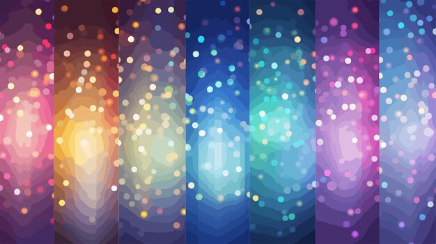 una serie colorida de imágenes con un fondo púrpura y un patrón colorido de luces multicolores