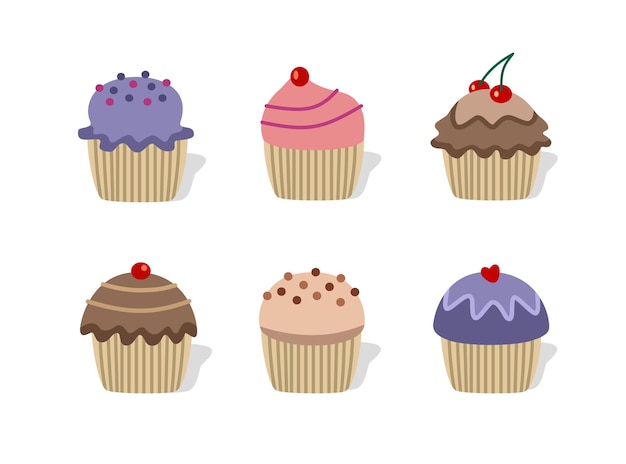 una serie de cupcakes con bayas y cerezas en la parte superior