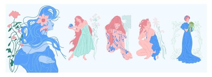 Serie de dibujos vectoriales de mujeres con motivos ornamentales y florales en el estilo Art Nouveau