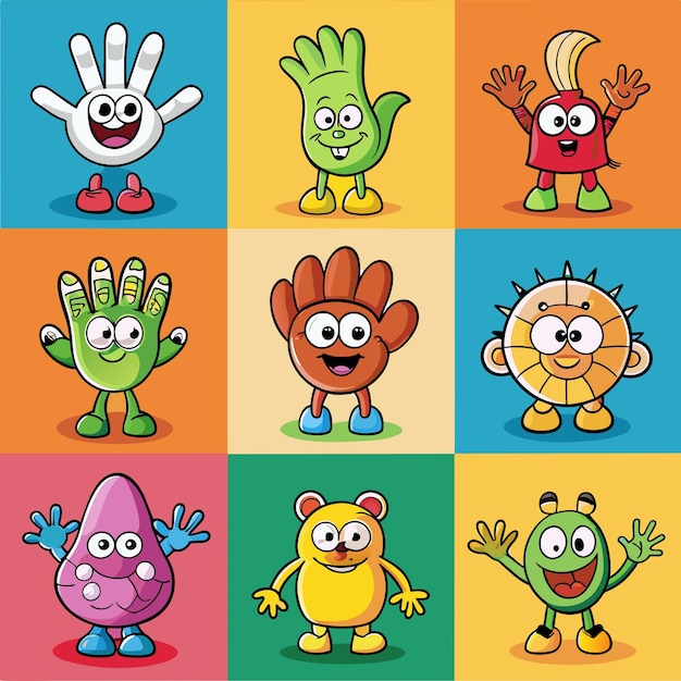 una serie de diferentes caracteres con diferentes colores y formas