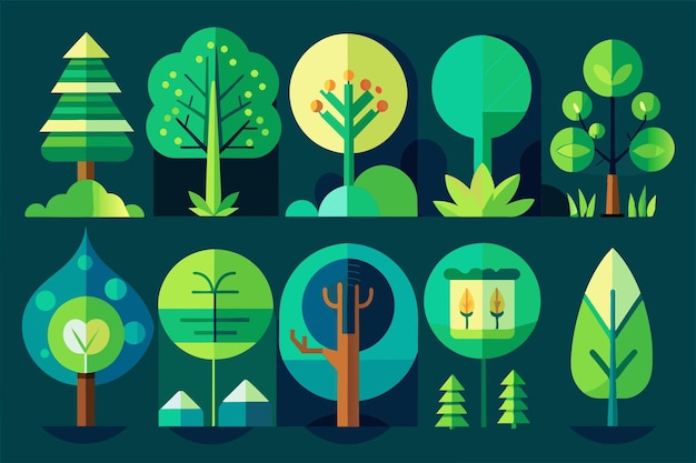 una serie de diferentes ilustraciones de árboles y arbustos