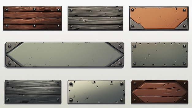 Vector una serie de diferentes piezas metálicas con una pintura marrón y negra