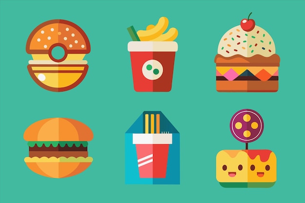 una serie de diferentes tipos de alimentos, incluidas las hamburguesas, el chocolate caliente y el limón