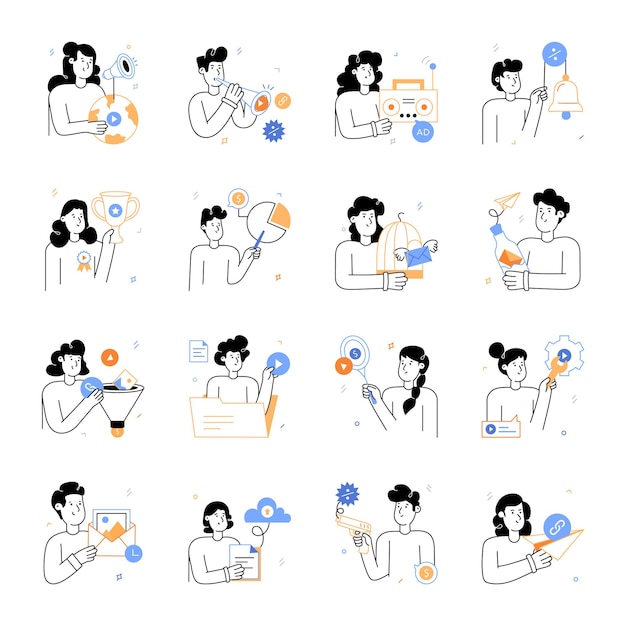 Una serie de ilustraciones para una aplicación de marketing digital.