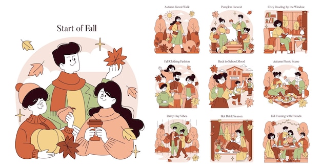 Una serie de ilustraciones vectoriales que representan varias escenas de actividades de otoño incluyen caminatas de otoño