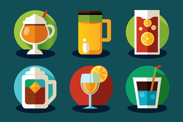 una serie de imágenes de bebidas y bebidas con un fondo azul