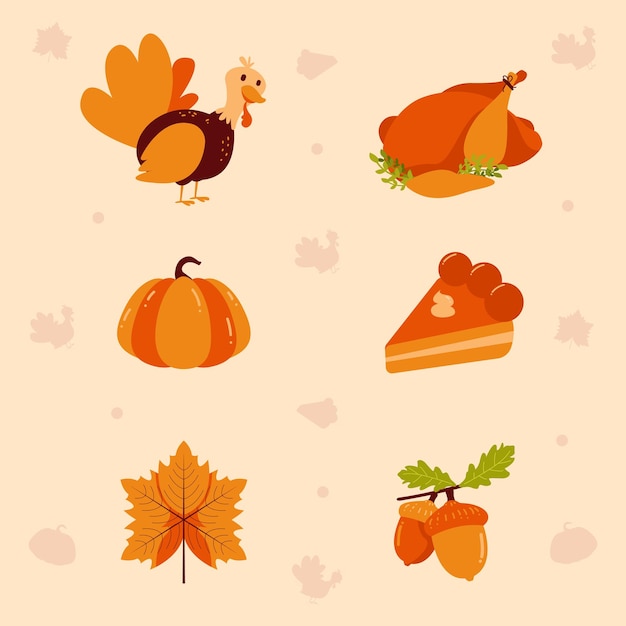 una serie de imágenes de iconos de Acción de Gracias, incluidos pavos, zanahorias de pavo y maíz