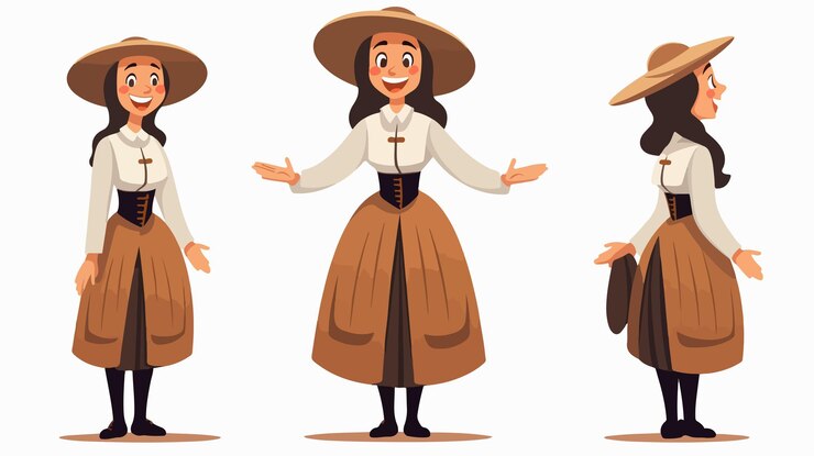 una serie de imágenes de una mujer en un vestido tradicional con un gran sombrero y una gran sonrisa