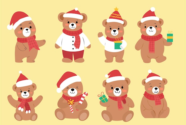 una serie de imágenes de osos de peluche con un sombrero de Santa