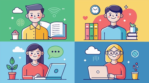 una serie de imágenes de personas con una computadora portátil y un hombre con un libro en la parte superior