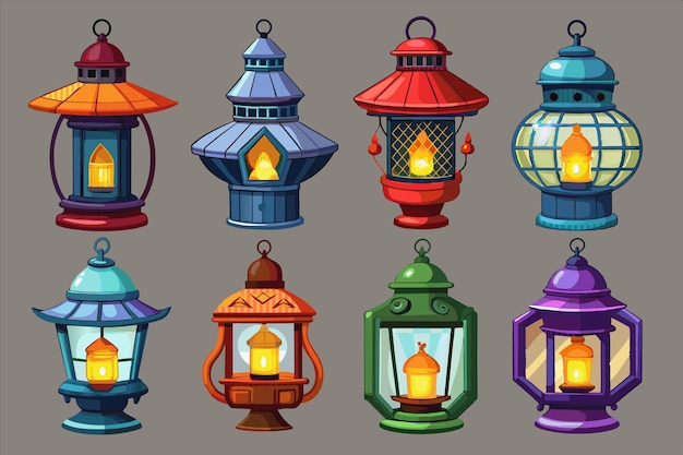 una serie de lámparas de colores con luces de diferentes colores