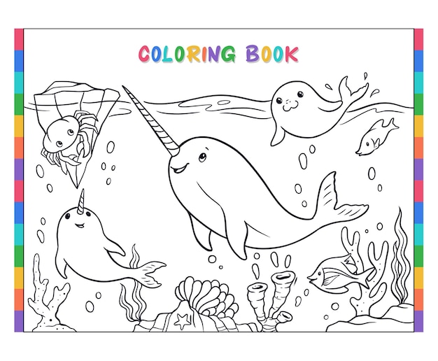 Serie de libros para colorear bajo el agua para colorear narwal y focas