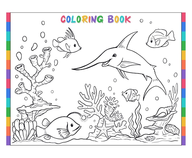 Vector serie de libros para colorear bajo el agua para colorear peces marlin y corales