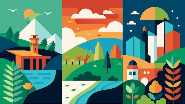 Vector una serie de murales que representan escenas de naturaleza y paisajes urbanos con las palabras encontrar el equilibrio en