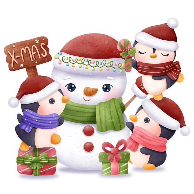 Serie navideña lindo muñeco de nieve y pingüinos