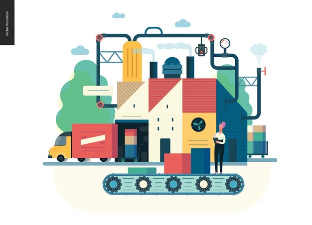 Serie de negocios de producción de fábrica en color concepto moderno de ilustración vectorial plana de la industria