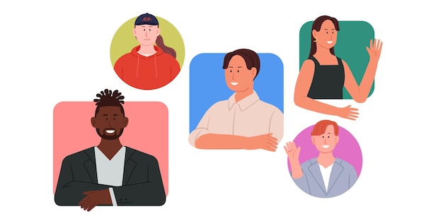 una serie de personas con diferentes caras y un hombre con los brazos cruzados